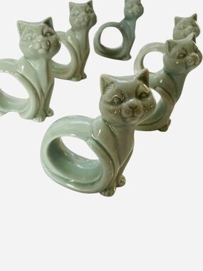 VTG Celadon Porcelain Cat Napkin Rings Set of 6